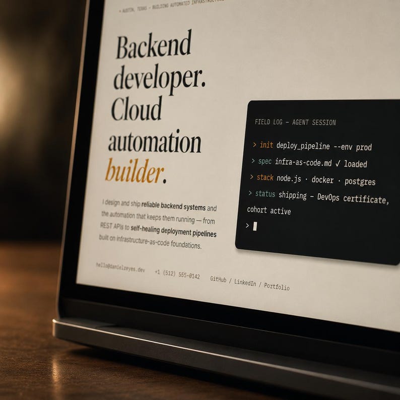 May include: A laptop screen displaying a professional portfolio website for a backend developer and cloud automation builder. The page features black text on a light background, including the text Field Log - Agent Session with command line code snippets and contact information at the bottom.