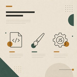 May include: A graphic design featuring three black line icons on a beige background: a document with code brackets, a paintbrush, and a gear containing the letters JS. The layout includes abstract geometric shapes in dark green and muted orange.