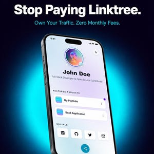 May include: A smartphone displaying a digital profile page with the text "DEVTHEMES PRESENTS Stop Paying Linktree. Own Your Traffic. Zero Monthly Fees." The screen shows a user named John Doe, a developer, with project links and social media icons.