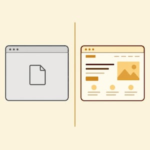 May include: Two browser window icons displayed side by side. The left icon is gray with a simple document symbol in the center. The right icon is tan with a detailed layout featuring a large image placeholder, text lines, and three circular elements.