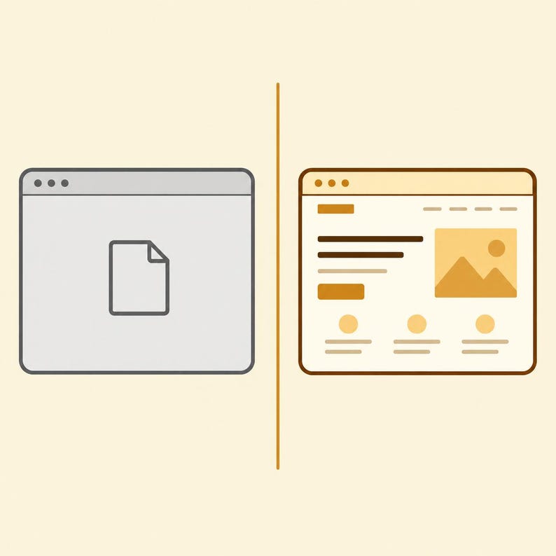 May include: Two browser window icons displayed side by side. The left icon is gray with a simple document symbol in the center. The right icon is tan with a detailed layout featuring a large image placeholder, text lines, and three circular elements.