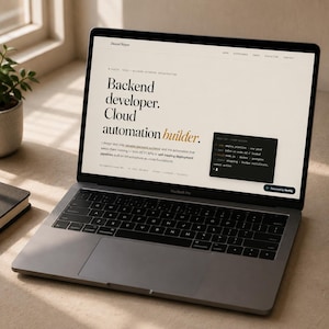 Może przedstawiać: Srebrny MacBook Pro wyświetlający osobistą stronę portfolio Daniela Reyesa, programisty backend i twórcy automatyzacji chmurowych. Ekran pokazuje profesjonalny tekst, fragment kodu terminala oraz odznakę Netlify na jasnym tle.