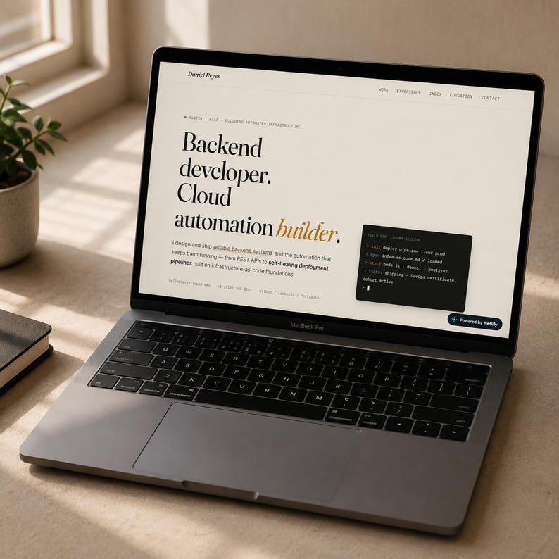 May include: A silver MacBook Pro displaying a personal portfolio website for Daniel Reyes, a backend developer and cloud automation builder. The screen shows professional text, a terminal code snippet, and a Netlify badge on a light background.