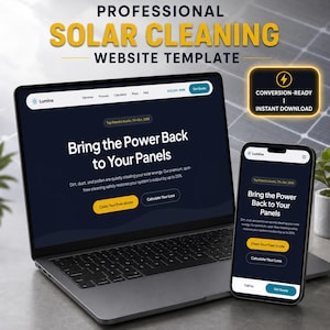 Può includere: Un modello di sito web professionale per la pulizia solare visualizzato su un portatile e uno smartphone. Lo schermo mostra il marchio Lumina con il testo Bring the Power Back to Your Panels e i pulsanti Claim Your Free Quote.