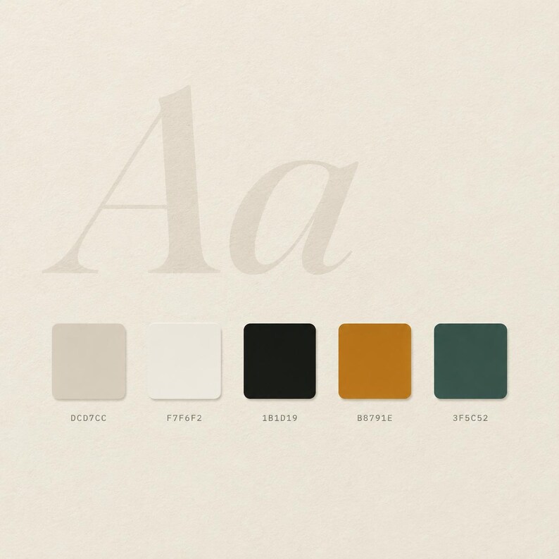 May include: A color palette graphic featuring the letters Aa in a light gray serif font. Below are five rounded squares in beige, off-white, black, mustard yellow, and dark green, each labeled with its corresponding hex code: DCD7CC, F7F6F2, 1B1D19, B8791E, and 3F5C52.