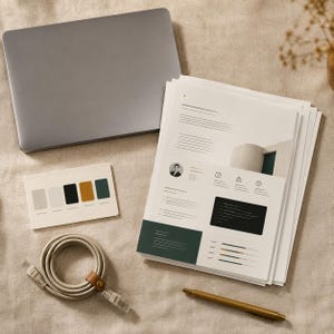 May include: A gray laptop, a stack of white resume papers with dark green accents, a small rectangular color palette card, a coiled beige ethernet cable with a brown leather strap, and a gold-toned metal pen arranged on a textured surface.