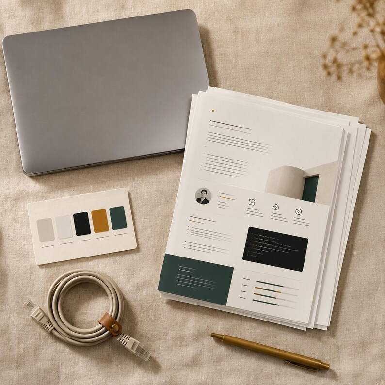 May include: A gray laptop, a stack of white resume papers with dark green accents, a small rectangular color palette card, a coiled beige ethernet cable with a brown leather strap, and a gold-toned metal pen arranged on a textured surface.