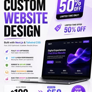 May include: A promotional graphic for custom website design services featuring a laptop displaying a dark interface with purple abstract graphics. Text includes Custom Website Design, 50% Off, Built with Next.js & Tailwind CSS, and pricing details.