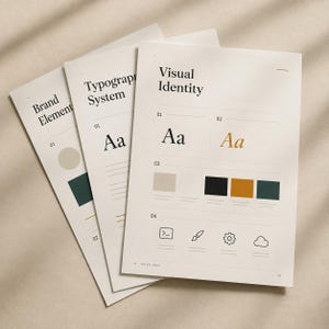 May include: Three stacked off-white pages displaying a brand guidelines document. The top page features the text Visual Identity, typography examples, a color palette with beige, white, black, gold, and teal squares, and four line-art icons.