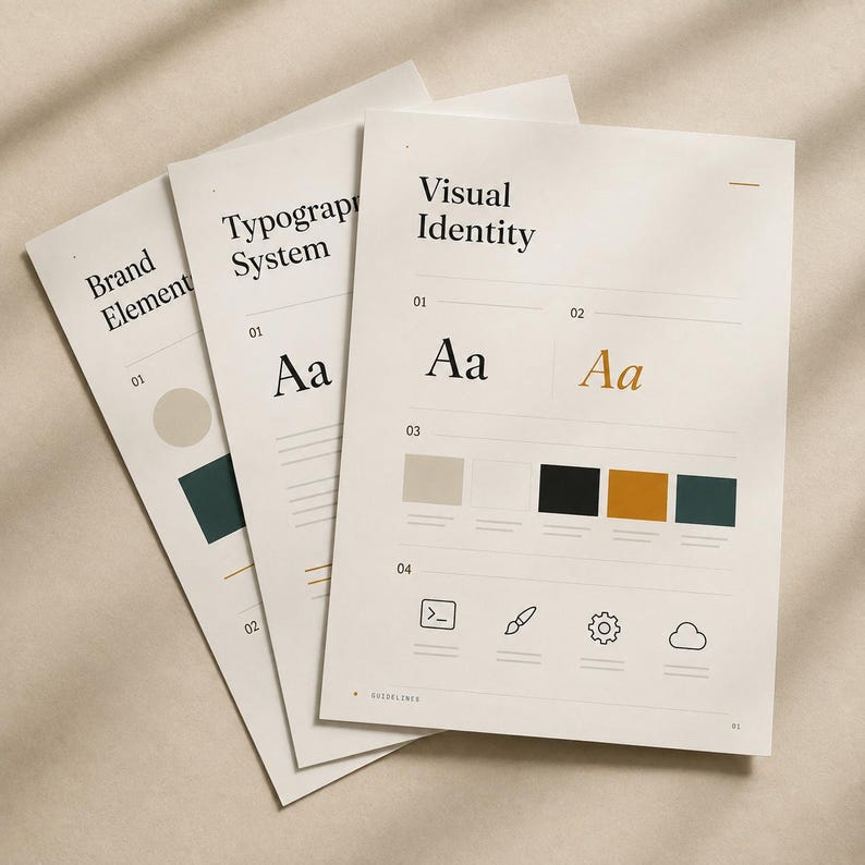 May include: Three stacked off-white pages displaying a brand guidelines document. The top page features the text Visual Identity, typography examples, a color palette with beige, white, black, gold, and teal squares, and four line-art icons.