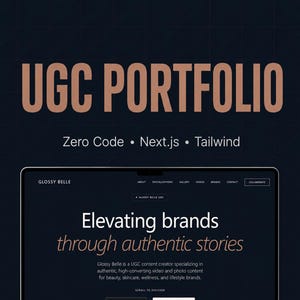 May include: A laptop screen displaying a website titled Glossy Belle with the text UGC PORTFOLIO, Zero Code, Next.js, Tailwind, and Elevating brands through authentic stories. The interface includes navigation links and buttons for View Work and Get in Touch.