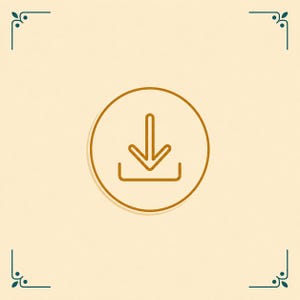 May include: A gold-colored line art icon of a downward-pointing arrow centered inside a circle, positioned above a horizontal line. The design is set against a light cream background with dark teal decorative corner flourishes in each corner.