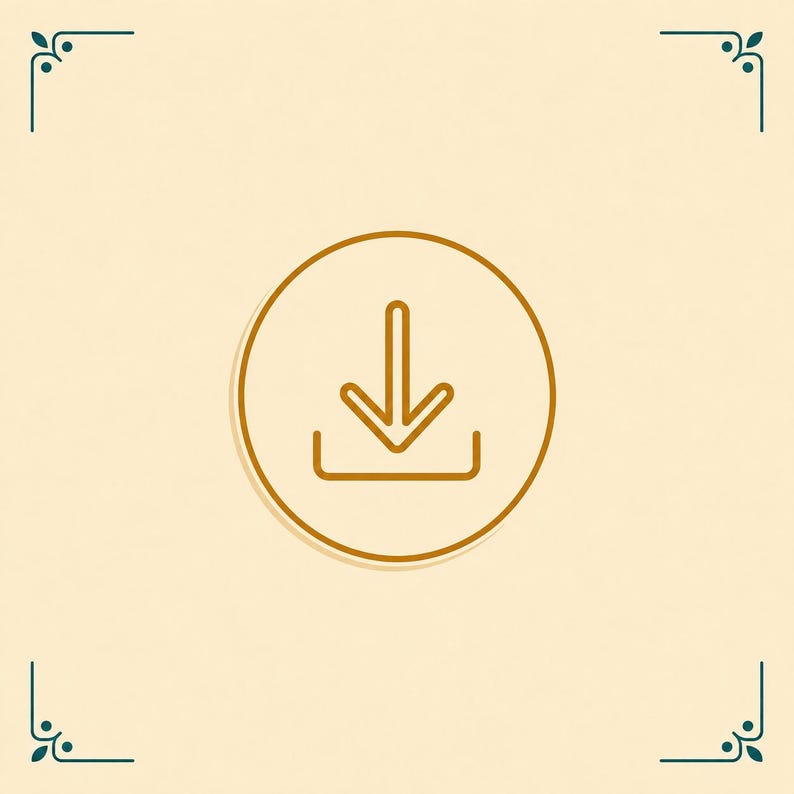May include: A gold-colored line art icon of a downward-pointing arrow centered inside a circle, positioned above a horizontal line. The design is set against a light cream background with dark teal decorative corner flourishes in each corner.