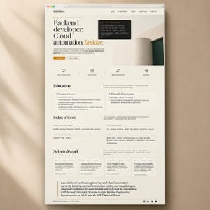 May include: A professional portfolio website for a backend developer and cloud automation builder named Daniel Reyes. The page features sections for education, an index of tools, and selected work, with a clean layout and dark code snippet.