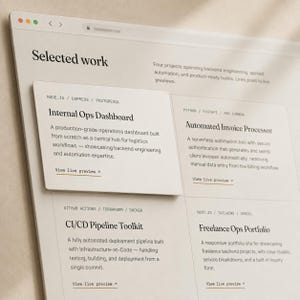 May include: A digital portfolio webpage titled Selected work featuring four project cards. Each card displays a title, technical stack, description, and a View live preview link. The layout is clean with black text on a light background.