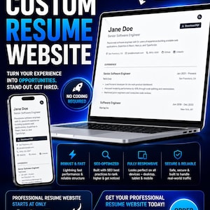 May include: A digital advertisement for a custom resume website service featuring a laptop and smartphone displaying a resume for Jane Doe. The blue and black graphic includes text such as CUSTOM RESUME WEBSITE, NO CODING REQUIRED, and $24.99.