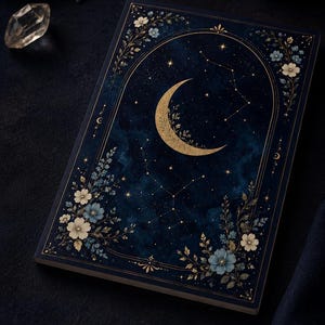 Könnte beinhalten: Ein dunkelblaues Notizbuch mit einem goldenen Halbmond und Sternbild-Design, eingerahmt von einem Bogen mit hellblauen und weißen Blumenakzenten. Der Einband enthält den Text Terapi Serisi Çiçekli Hilal in der unteren linken Ecke.