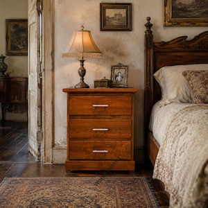 May include: A wooden bedside cabinet with three drawers, each featuring a horizontal silver handle. The cabinet is topped with a table lamp with a beige fabric shade and fringe trim, a small rectangular box, and a framed portrait photograph.