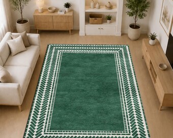 Tapis moderne à bordure verte, tapis géométrique minimaliste, tapis de salon contemporain, tapis à cadre émeraude, décoration intérieure de luxe
