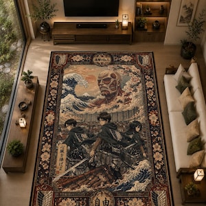 May include: A rectangular area rug featuring a detailed anime-inspired illustration of characters from Attack on Titan, including the Colossal Titan, Levi, Eren, and Mikasa, surrounded by cherry blossoms, waves, and Japanese text in a decorative border.
