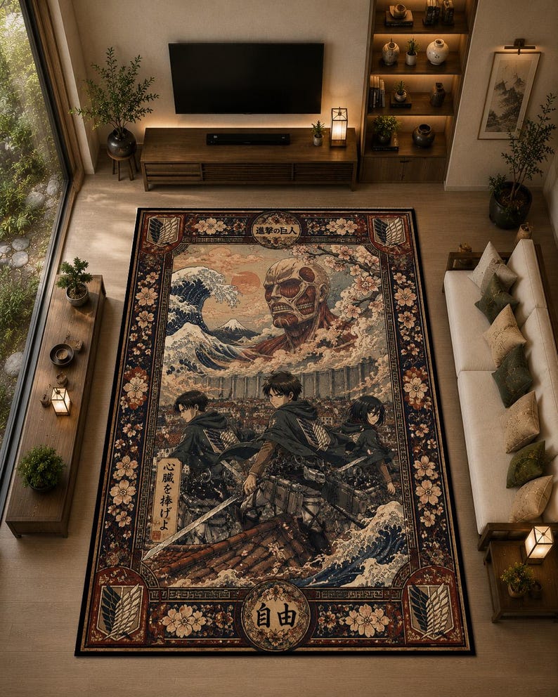 May include: A rectangular area rug featuring a detailed anime-inspired illustration of characters from Attack on Titan, including the Colossal Titan, Levi, Eren, and Mikasa, surrounded by cherry blossoms, waves, and Japanese text in a decorative border.