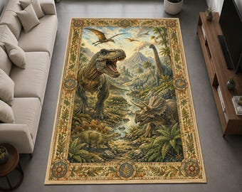 Tapis vintage dinosaures, tapis paysage préhistorique jurassique, décor T-Rex et Tricératops, tapis dinosaures pour chambre d'enfant, tapis histoire naturelle