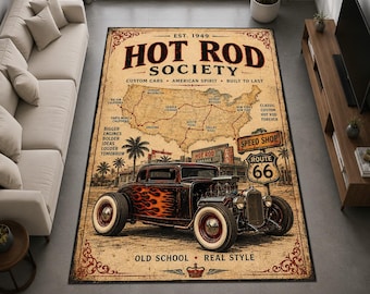 Tapis vintage Hot Rod, tapis pour garage classique, décoration de garage américain, tapis rétro personnalisé, tapis pour garage automobile, cadeau pour passionné d'automobile