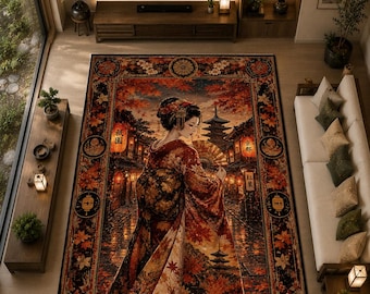 Japanese Geisha Autumn Sakura Rug, Kyoto Street Oriental Area Carpet