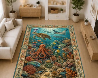 Tapis sous-marin, motif tortues de mer, pieuvres et coraux, décoration marine côtière, tapis récif coloré, tapis de chambre à thème nautique