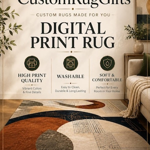 May include: A rectangular rug featuring a geometric pattern with large circular shapes in shades of rust orange, dark blue, and cream. The design includes fine black line work and textured sections. Text on the image reads CustomRugGifts.