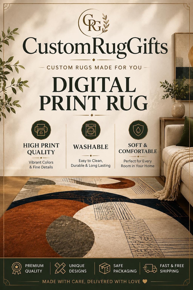 May include: A rectangular rug featuring a geometric pattern with large circular shapes in shades of rust orange, dark blue, and cream. The design includes fine black line work and textured sections. Text on the image reads CustomRugGifts.