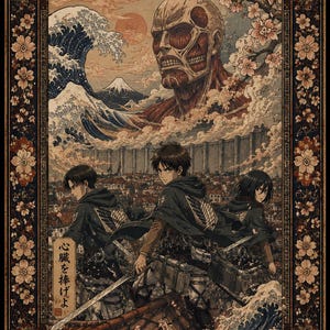 May include: A rectangular poster featuring Attack on Titan characters Eren, Levi, and Mikasa in front of a large Colossal Titan, a stylized wave, and Mount Fuji. The border includes cherry blossoms and the Survey Corps emblem with Japanese text.