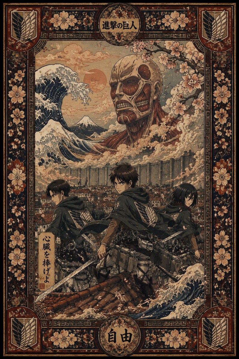 May include: A rectangular poster featuring Attack on Titan characters Eren, Levi, and Mikasa in front of a large Colossal Titan, a stylized wave, and Mount Fuji. The border includes cherry blossoms and the Survey Corps emblem with Japanese text.