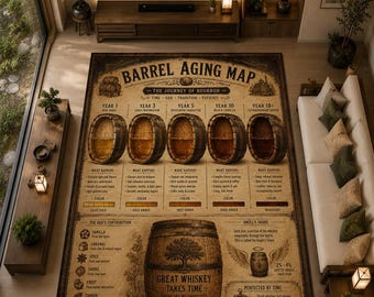 Tapis carte de vieillissement en fût, décoration whisky bourbon, art de distillerie, tapis pour salle de jeux ou garage.