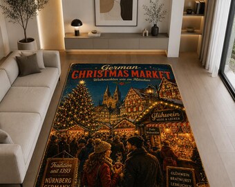 Tapis de marché de Noël allemand, tapis de Noël européen vintage, décorations de Noël de Munich, tapis d'hiver allemand, tapis de village de Noël