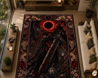 Berserk Anime Rug, Black Swordsman Manga Carpet, Dark Fantasy Decor, Japanese Gaming Area Rug