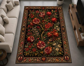 Tapis botanique à motif de grenade, tapis à fleurs et fruits foncés, décoration de jardin vintage, tapis rouge et noir profond, tapis nature maximaliste