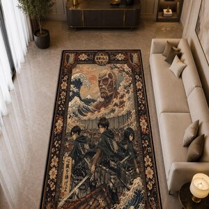 May include: A rectangular area rug featuring a detailed anime-inspired illustration. The design includes characters in dark cloaks, a large titan head, a stylized wave, and cherry blossoms. The border contains Japanese text and emblem motifs.
