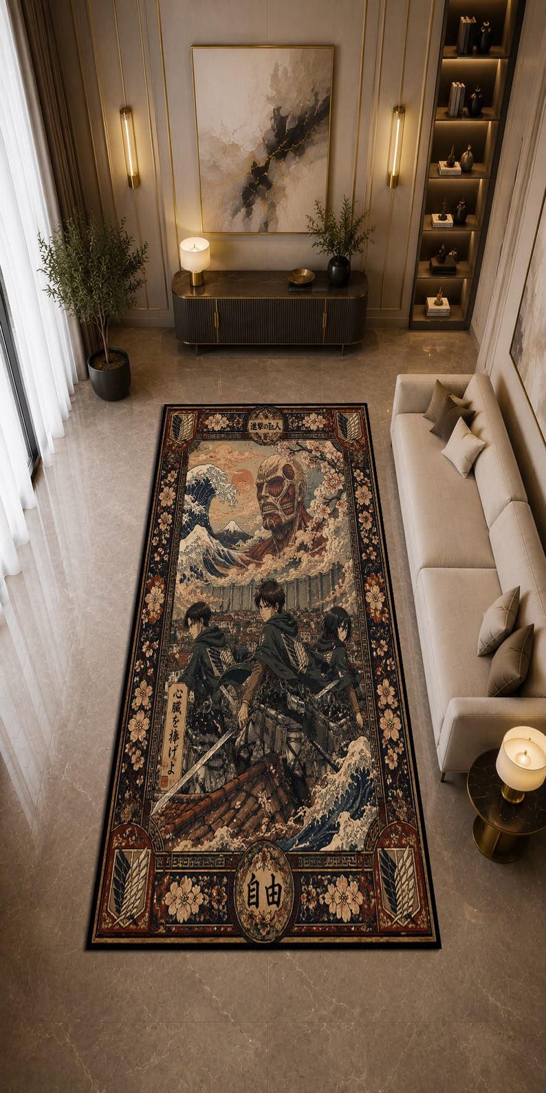 May include: A rectangular area rug featuring a detailed anime-inspired illustration. The design includes characters in dark cloaks, a large titan head, a stylized wave, and cherry blossoms. The border contains Japanese text and emblem motifs.