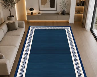 Tapis à motif grec bleu marine, tapis à bordure luxueuse, tapis moderne, tapis minimaliste pour salon, décoration à motif grec classique