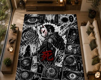 Tapis manga d'horreur japonais, tapis collage anime sombre, décoration gothique otaku