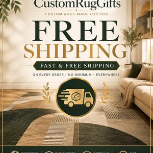 May include: A rectangular area rug featuring a geometric pattern of dark green, beige, and brown curved shapes with fine black line details. The rug is placed on a wooden floor in a room with a sofa, wall art, and a plant, with text overlays.