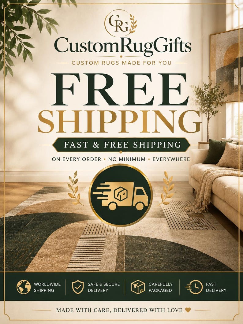 May include: A rectangular area rug featuring a geometric pattern of dark green, beige, and brown curved shapes with fine black line details. The rug is placed on a wooden floor in a room with a sofa, wall art, and a plant, with text overlays.