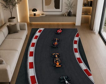 Personalized Formula 1 Track Racing Rug, Custom Name Motorsport Carpet