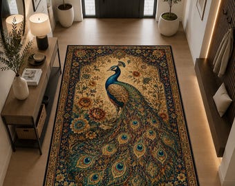 Tapis vintage Paon, Tapis tapisserie orné, Décoration florale et oiseaux, Tapis de salon maximaliste, Décoration intérieure style antique, Tapis Paon de luxe