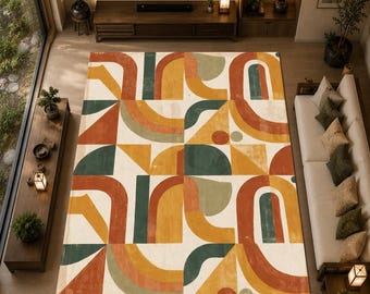 Tapis géométrique rétro, tapis moderne du milieu du siècle, tapis abstrait, tapis bohème pour salon, décoration scandinave, tapis géométrique moderne
