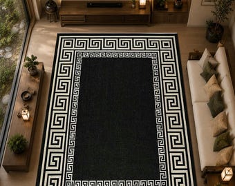 Tapis à double motif grec, tapis à bordure noire, tapis moderne et luxueux, tapis minimaliste pour salon, décoration intérieure à motif grec