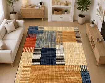 Tapis patchwork tissé, tapis géométrique moderne, tapis abstrait texturé, tapis de salon bleu beige neutre, décoration contemporaine