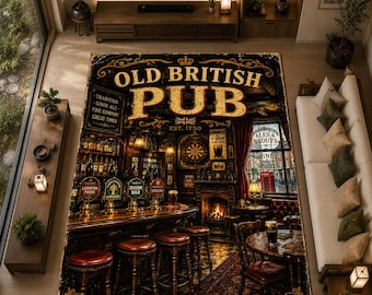 Tapis de pub britannique ancien, tapis vintage anglais pour pub, décoration de bar traditionnelle britannique, tapis rétro londonien, tapis pour repaire masculin britannique