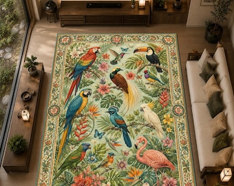 Tapis à motifs d'oiseaux tropicaux, tapis vintage botanique à motifs de perroquets, décor flamants roses et toucans, tapis jungle coloré, tapis floral maximaliste